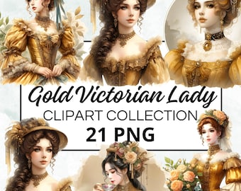 Victoriaanse dame gouden aquarel clipart bundel, digitale scrapbook & ambachtelijke graphics, uitnodigingen, printables, doe-het-zelf-projecten, Instant Download