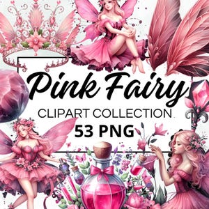 Puede incluir: Colección de clipart de hada rosa con 53 imágenes PNG. La colección incluye hadas, alas, flores, coronas, botellas y otros elementos mágicos.