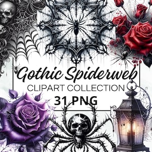 May include: A digital clipart collection of 31 gothic spiderweb images. The images include black and white spiders, spiderwebs, roses, and a lantern. The text "Gothic Spiderweb Clipart Collection 31 PNG" is displayed on a white background.