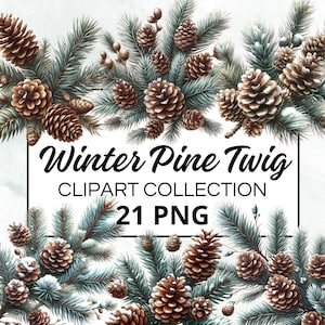 Winter Pine Twig Aquarelle Clipart Bundle, Digital Scrapbook & Craft Graphics pour invitations, imprimables, projets de bricolage, téléchargement instantané