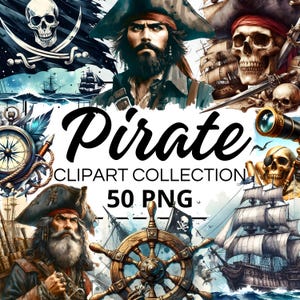 Paquete de imágenes prediseñadas de acuarela pirata, álbumes de recortes digitales y gráficos artesanales para invitaciones, imprimibles, proyectos de bricolaje, descarga instantánea