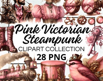 Victoriaanse Steampunk roze aquarel clipart bundel, digitale Scrapbook Craft afbeelding, uitnodigingen, afdrukbaar, DIY-project, Instant Download