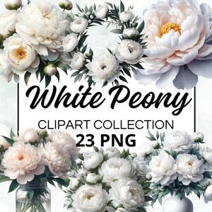 Pfingstrosen-Weiß-Aquarell-Clipart-Bundle, digitales Sammelalbum und Bastelgrafiken für Einladungen, Ausdrucke, DIY-Projekte, sofortiger Download