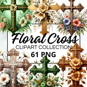 Floral Cross Clipart Collection, 61 Watercolor PNGs for Instant Download, Commercial Use