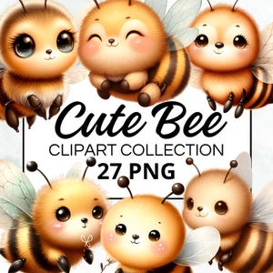 Cute Bee Clipart Collection, 27 aquarel PNG's voor direct downloaden, commercieel gebruik