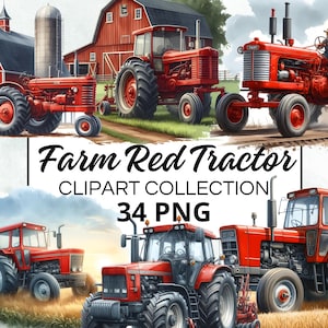 May include: A collection of 34 red farm tractor clipart images. The images feature different styles of tractors, including classic and modern designs. The tractors are depicted in various poses, such as driving, pulling a plough, and standing still. The images are perfect for use in digital scrapbooking, card making, and other craft projects.