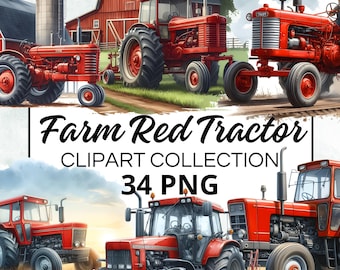 Farm Red Tractor Clipart Collection, 34 aquarel PNG's voor direct downloaden, commercieel gebruik