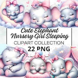 Cute Elephant Nursery Girl Sleeping Clipart Collection, 22 Watercolor PNGs for Instant Download, Commercial Use