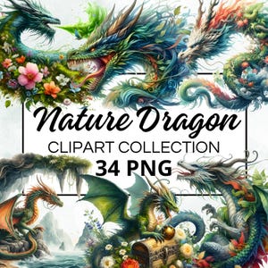 Dragon Nature Clipart Collection, 34 Watercolor PNGs for Instant Download, Commercial Use
