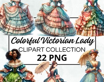 Victoriaanse dame kleurrijke aquarel clipart bundel, digitaal plakboek, ambachtelijke graphics, uitnodigingen, afdrukbaar, DIY-project, direct downloaden
