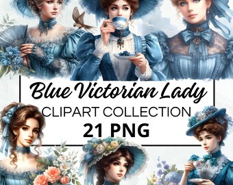 Victoriaanse dame blauwe aquarel clipart bundel, digitale scrapbook & ambachtelijke graphics, uitnodigingen, printables, doe-het-zelf-projecten, Instant Download