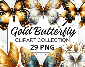 Gouden vlinder clipart collectie, 29 aquarel PNG's voor direct downloaden, commercieel gebruik