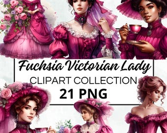 Victoriaanse Dame Fuchsia Aquarel Clipart Bundel, Digitale Scrapbook & Craft Graphics, Uitnodigingen, Afdrukbaar, DIY Project, Instant Download