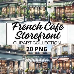French Cafe Storefront Clipart Collection, 20 Watercolor PNGs for Instant Download, Commercial Use