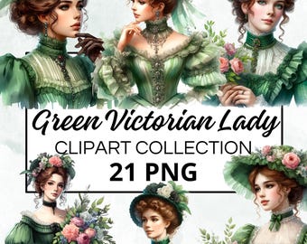 May include: A digital clipart collection showcasing illustrations of Victorian ladies in green attire. The images feature ladies in dresses and hats, adorned with floral details. The text reads "Green Victorian Lady" and "21 PNG".