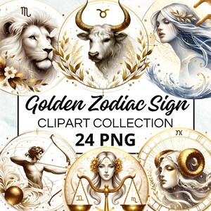 Zodiac Sign Golden Watercolor Clipart Bundle, Digital Scrapbook & Craft Graphics, Invitations, Printables, DIY Projects, Instant Download