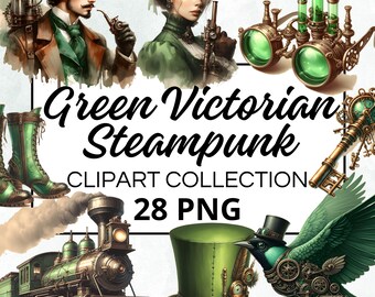 Victoriaanse Steampunk groene aquarel clipart bundel, digitale Scrapbook Craft afbeelding, uitnodigingen, afdrukbaar, DIY-project, Instant Download