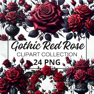 Könnte beinhalten: Eine digitale Clipart-Sammlung von 24 gotischen roten Rosen im PNG-Format. Die Rosen sind in einem dunklen, romantischen Stil mit Dornen und Blättern dargestellt.