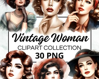 Vintage vrouw aquarel clipart bundel, digitale scrapbook & ambachtelijke graphics voor uitnodigingen, printables, doe-het-zelf-projecten, Instant Download