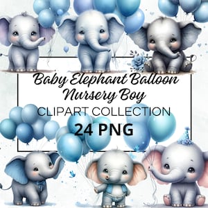24 Clipart, Watercolor Baby Elephant Balloon Nursery Boy, Watercolor Clipart, PNG format, Instant Download for Commercial Use