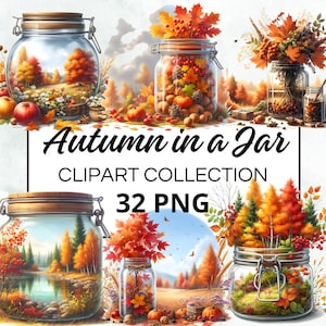 Può includere: Una collezione di 32 immagini clipart che mostrano barattoli di vetro pieni di scene autunnali. I barattoli sono pieni di foglie colorate, alberi e altri elementi autunnali. Il testo "Autunno in un barattolo" e "Collezione clipart 32 PNG" è visualizzato sull'immagine.