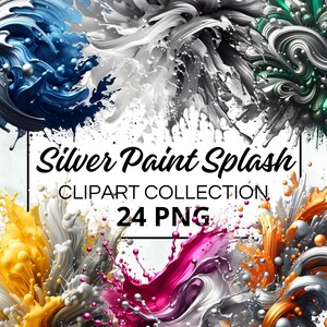 Peut inclure: Une collection de 24 images clipart numériques représentant des éclaboussures de peinture argentée dans différentes couleurs, notamment le bleu, le vert, le jaune, le rose et l'orange. Les images sont des fichiers PNG haute résolution et sont parfaites pour ajouter une touche unique et artistique à vos designs.