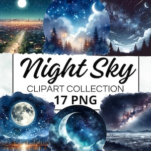 Night Sky aquarel clipart bundel, digitale scrapbook & ambachtelijke graphics voor uitnodigingen, printables, doe-het-zelf-projecten, direct downloaden