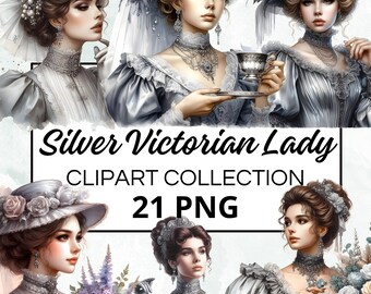 Victoriaanse dame zilveren aquarel clipart bundel, digitale scrapbook & ambachtelijke graphics, uitnodigingen, printables, DIY-project, direct downloaden