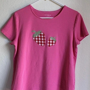 Upcycled Strawberry Appliqué T Shirt | Handmade Patchwork Cottagecore Fashion