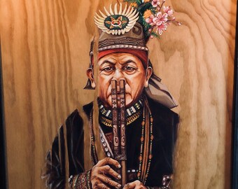 Taiwan Formosa Indigenous Paiwan Nose Flute Musician *** Original Large Oil Painting Framed****listed by the artist