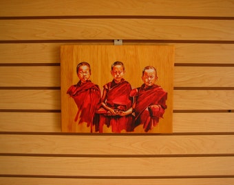 Asia Tibet Monk Boys Canvas Gallery Wrap Copy From Original Painting on Wood