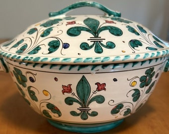 Vintage Italian Majolica Fleur De Lis Medium Covered Serving Dish