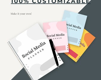 Puede incluir: Cuatro cuadernos de planificación de redes sociales diferentes con diseños abstractos coloridos. Los cuadernos tienen una encuadernación en espiral y el texto "Social Media Planner" está impreso en cada portada.