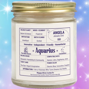 Aquarius Personalized Zodiac Candle, Aquarius Birthday Gift for Her, Customized Astrology Birthday Candle, Aquarius Gifts, Star Sign Candle
