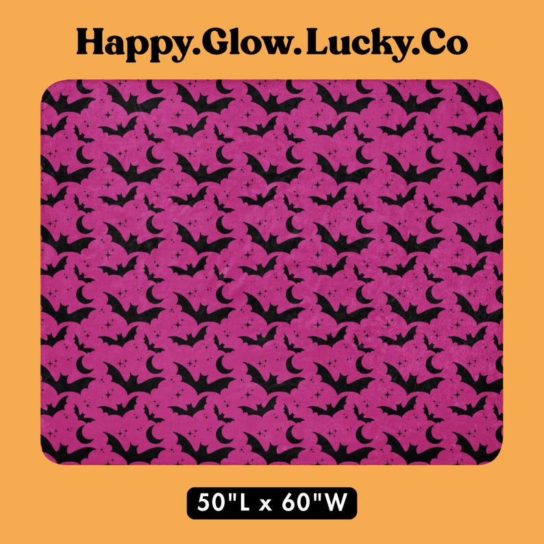Bats In The Night Sherpa Fleece Blanket. Color: Spooky Sorbet. Size: 50inches x 60inches. Available from HappyGlowLuckyCo.