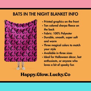 Image provides details about the Bats In The Night Blanket. Available from HappyGlowLuckyCo.