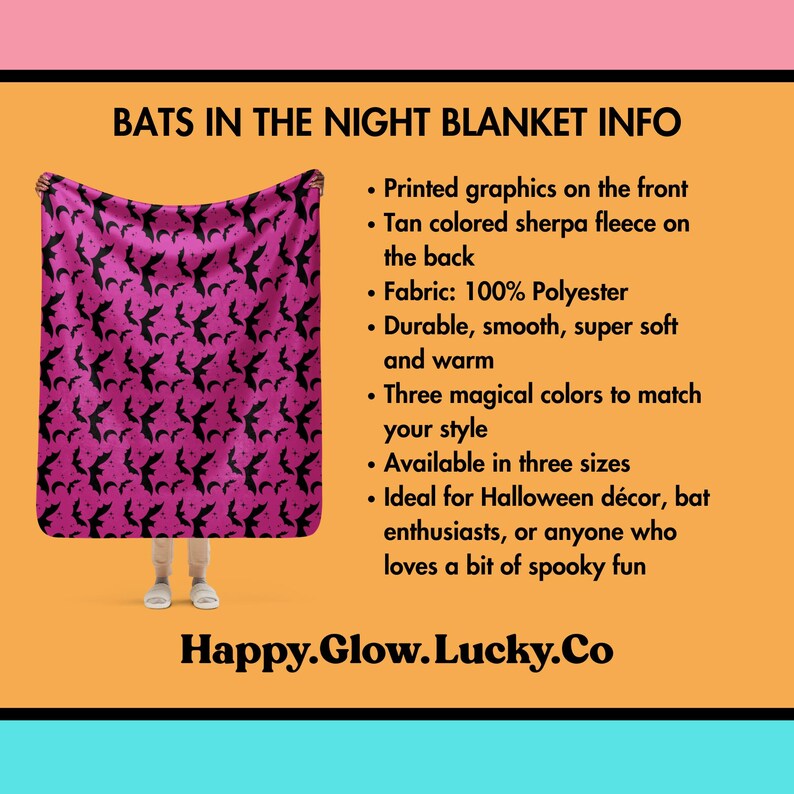 Image provides details about the Bats In The Night Blanket. Available from HappyGlowLuckyCo.