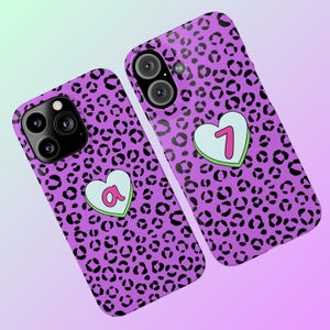Funda para teléfono delgada con diseño de leopardo morado, diseño de letras o números personalizados, funda personalizada para teléfono móvil, accesorio elegante, funda moderna para iPhone