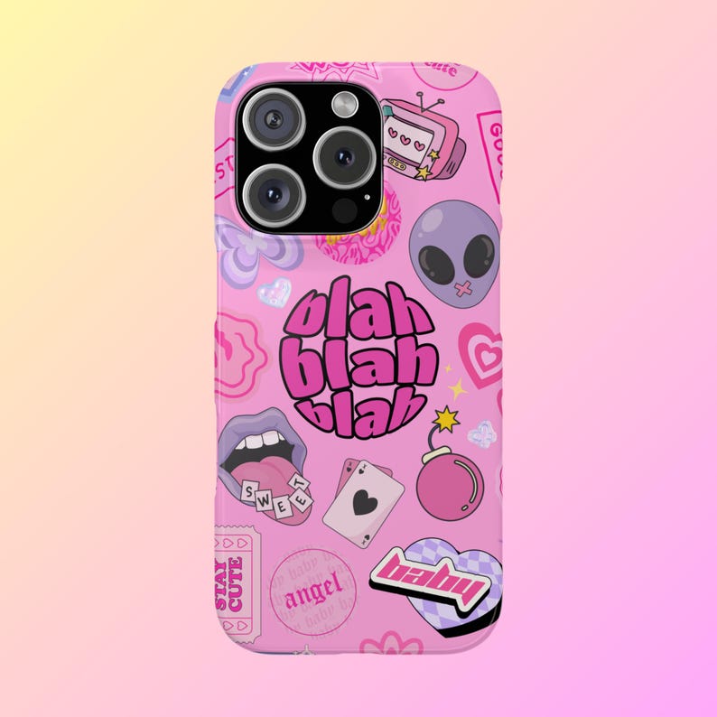 May include: Pink iPhone case with a colorful, playful design featuring stickers, hearts, and the words "blah blah blah".
