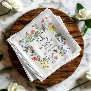 Baby in Bloom Napkin, Custom Designed Party Napkins, Floral Baby Shower Decor, Personalized Napkins, Botanical Themed Event Napkins