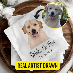Artist Drawn Custom Pet Cocktail Napkins, Dog Wedding Napkins, Pet Cocktail Napkins, Personalized Pet Napkins, Pet Portrait Wedding Napkins