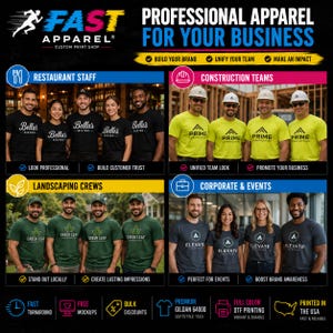 Puede incluir: Un gr&aacute;fico promocional de la imprenta Fast Apparel que muestra cuatro grupos de personas con camisetas personalizadas para restaurantes, construcci&oacute;n, jardiner&iacute;a y eventos corporativos, con texto sobre servicios y calidad de impresi&oacute;n.