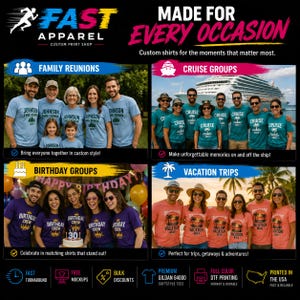 Puede incluir: Un gr&aacute;fico promocional para la imprenta personalizada Fast Apparel que muestra cuatro grupos de personas con camisetas a juego para reuniones familiares, cruceros, cumplea&ntilde;os y viajes, con texto sobre los servicios de impresi&oacute;n.