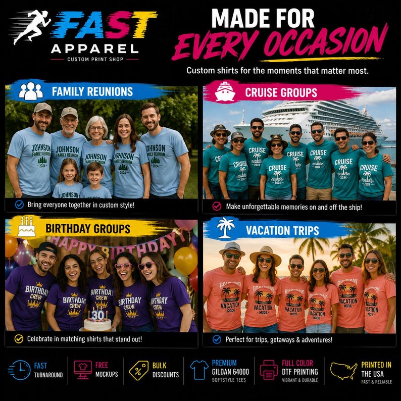 Puede incluir: Un gr&aacute;fico promocional para la imprenta personalizada Fast Apparel que muestra cuatro grupos de personas con camisetas a juego para reuniones familiares, cruceros, cumplea&ntilde;os y viajes, con texto sobre los servicios de impresi&oacute;n.
