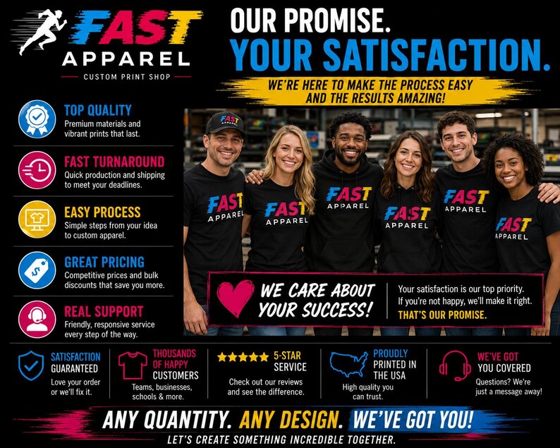 Puede incluir: Un gr&aacute;fico promocional de Fast Apparel con cinco personas vistiendo camisetas y sudaderas negras con el logotipo de Fast Apparel en azul, amarillo y blanco. El texto incluye Our Promise, Your Satisfaction y We Care About Your Success.