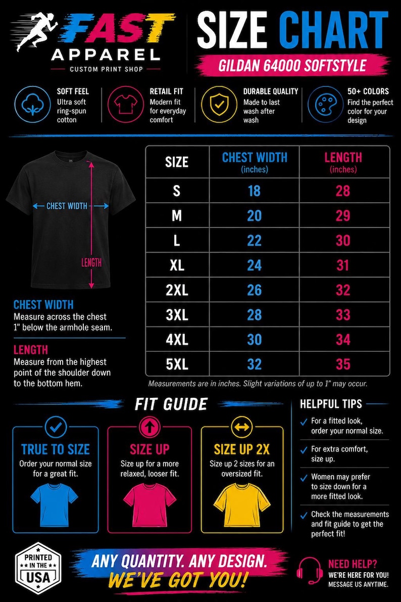 Puede incluir: Una tabla de tallas negra para camisetas Gildan 64000 Softstyle que presenta una tabla con medidas de ancho de pecho y largo en pulgadas para tallas de S a 5XL. Incluye una gu&iacute;a visual de medici&oacute;n, recomendaciones de ajuste y detalles.