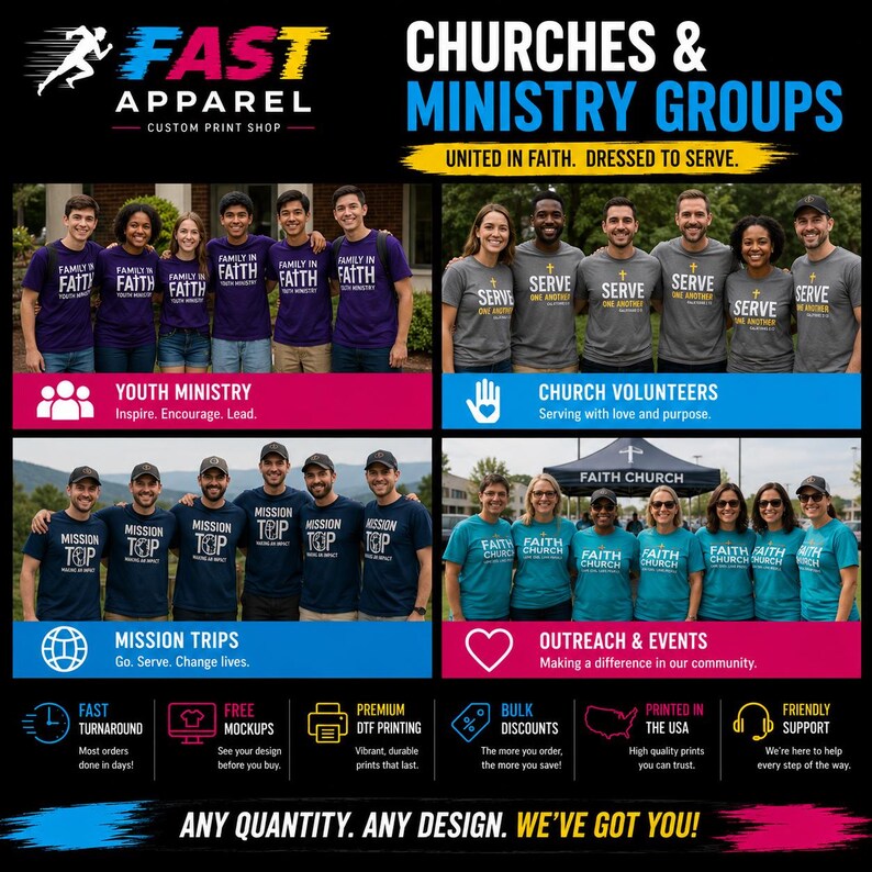 Puede incluir: Un gr&aacute;fico promocional para Fast Apparel que muestra cuatro secciones distintas de grupos con camisetas personalizadas. El dise&ntilde;o incluye encabezados de texto, descripciones de servicios e iconos para ministerios juveniles, voluntarios, misiones y eventos.