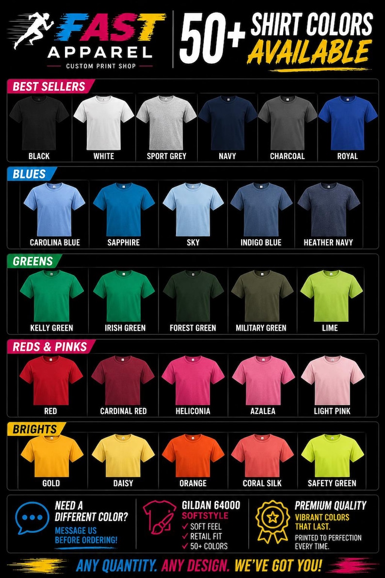 Puede incluir: Una carta de colores para camisetas Gildan 64000 Softstyle que presenta m&aacute;s de 50 opciones de color categorizadas por tonos, incluyendo azules, verdes, rojos, rosas y colores brillantes. Cada camiseta est&aacute; etiquetada con su nombre de color.