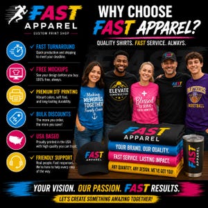 Puede incluir: Una imagen promocional de Fast Apparel que muestra a cuatro personas con camisetas personalizadas y una gorra. El gr&aacute;fico incluye texto como Why Choose Fast Apparel, Fast Turnaround, Free Mockups, Premium DTF Printing, Bulk Discounts, USA Based y Friendly Support.