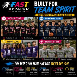 Puede incluir: Un gr&aacute;fico promocional de Fast Apparel que muestra cuatro secciones de grupos con camisetas personalizadas para s&oacute;ftbol, baloncesto, clubes escolares y entrenadores. El texto incluye 'Built for Team Spirit' y 'Any Sport. Any Team. Any Size. We've Got You!'